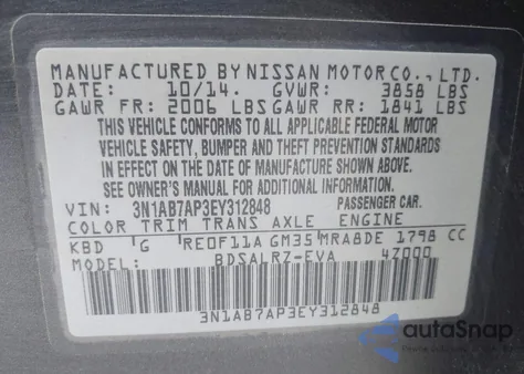 2014 Nissan Sentra Sr z USA, uszkodzony, nr VIN 3N1AB7AP3EY312848